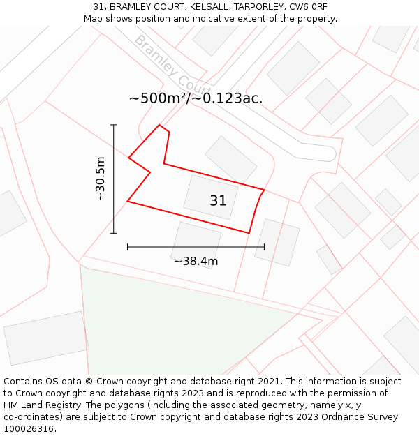 31, BRAMLEY COURT, KELSALL, TARPORLEY, CW6 0RF: Plot and title map