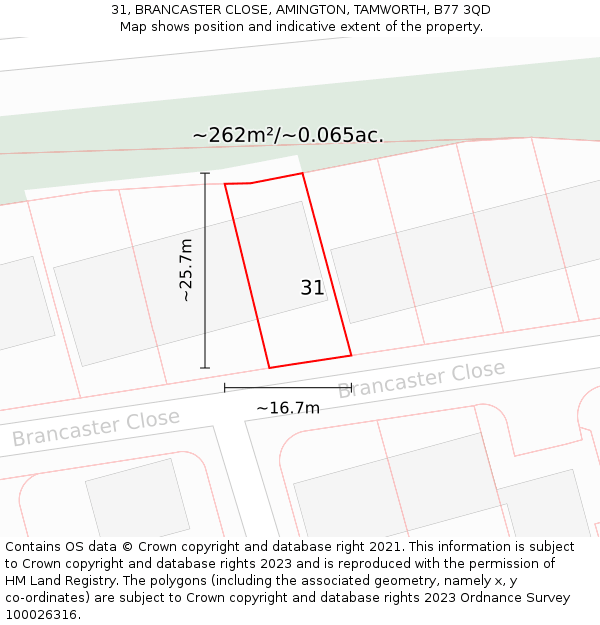 31, BRANCASTER CLOSE, AMINGTON, TAMWORTH, B77 3QD: Plot and title map