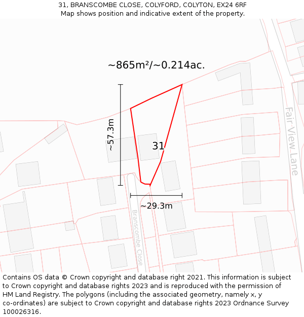 31, BRANSCOMBE CLOSE, COLYFORD, COLYTON, EX24 6RF: Plot and title map