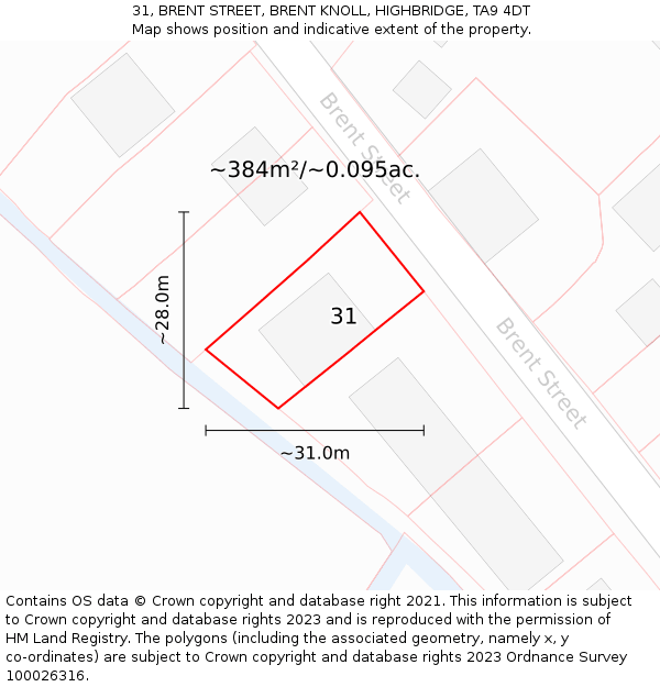 31, BRENT STREET, BRENT KNOLL, HIGHBRIDGE, TA9 4DT: Plot and title map