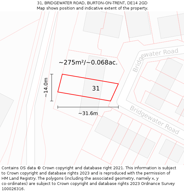 31, BRIDGEWATER ROAD, BURTON-ON-TRENT, DE14 2GD: Plot and title map