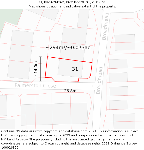31, BROADMEAD, FARNBOROUGH, GU14 0RJ: Plot and title map