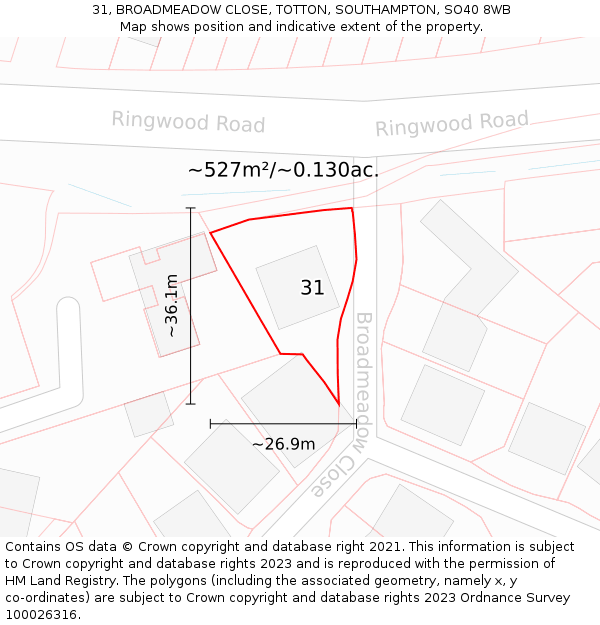 31, BROADMEADOW CLOSE, TOTTON, SOUTHAMPTON, SO40 8WB: Plot and title map