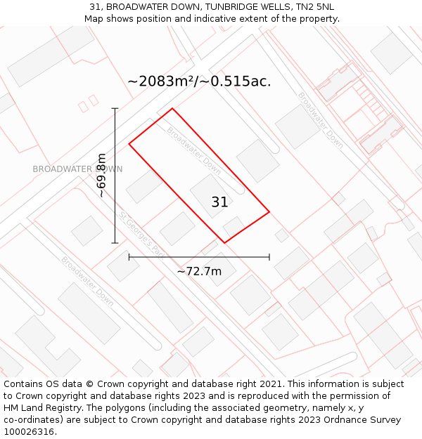 31, BROADWATER DOWN, TUNBRIDGE WELLS, TN2 5NL: Plot and title map