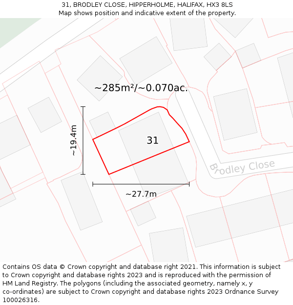 31, BRODLEY CLOSE, HIPPERHOLME, HALIFAX, HX3 8LS: Plot and title map