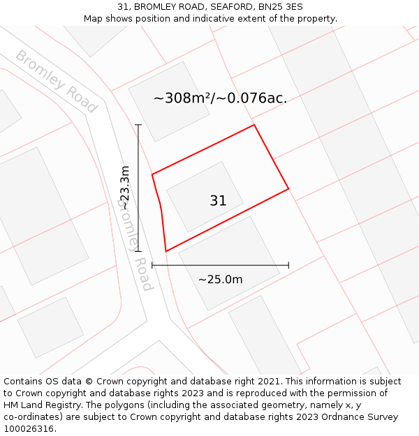 31, BROMLEY ROAD, SEAFORD, BN25 3ES: Plot and title map