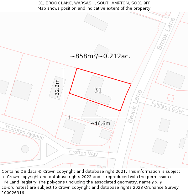 31, BROOK LANE, WARSASH, SOUTHAMPTON, SO31 9FF: Plot and title map