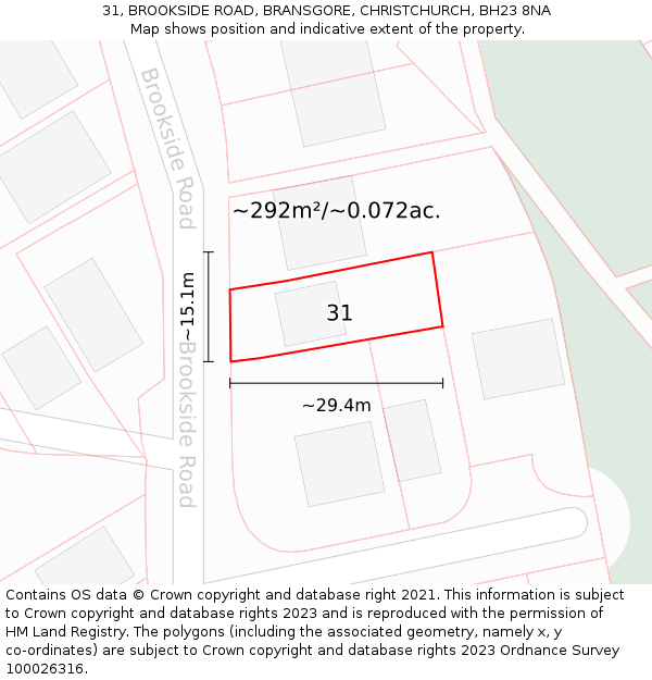 31, BROOKSIDE ROAD, BRANSGORE, CHRISTCHURCH, BH23 8NA: Plot and title map