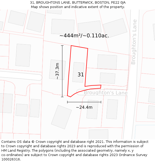 31, BROUGHTONS LANE, BUTTERWICK, BOSTON, PE22 0JA: Plot and title map