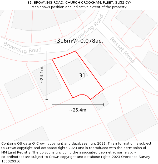 31, BROWNING ROAD, CHURCH CROOKHAM, FLEET, GU52 0YY: Plot and title map
