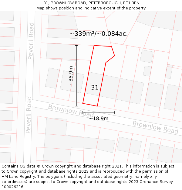 31, BROWNLOW ROAD, PETERBOROUGH, PE1 3PN: Plot and title map