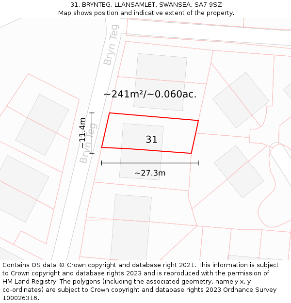 31, BRYNTEG, LLANSAMLET, SWANSEA, SA7 9SZ: Plot and title map