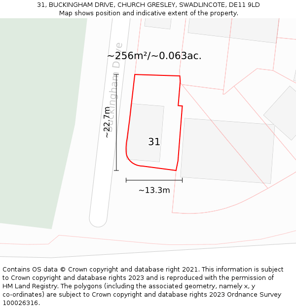 31, BUCKINGHAM DRIVE, CHURCH GRESLEY, SWADLINCOTE, DE11 9LD: Plot and title map