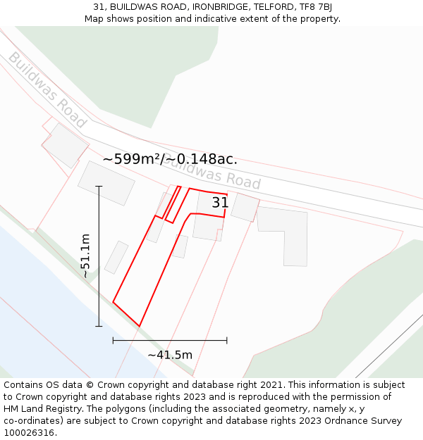 31, BUILDWAS ROAD, IRONBRIDGE, TELFORD, TF8 7BJ: Plot and title map