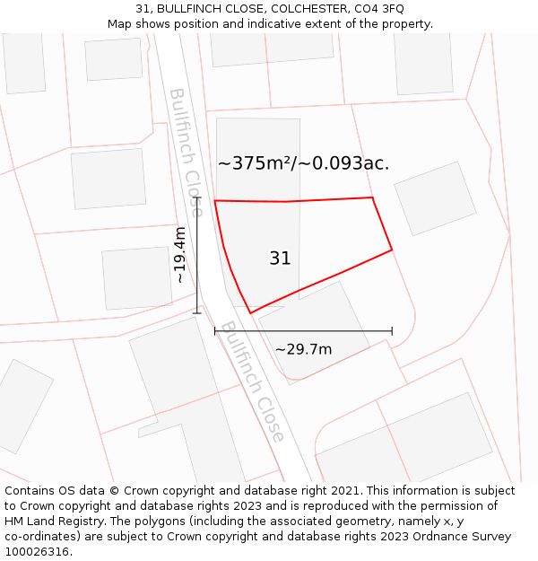 31, BULLFINCH CLOSE, COLCHESTER, CO4 3FQ: Plot and title map
