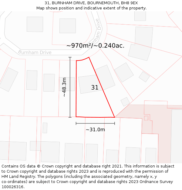 31, BURNHAM DRIVE, BOURNEMOUTH, BH8 9EX: Plot and title map