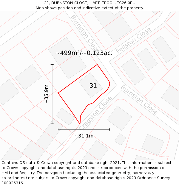 31, BURNSTON CLOSE, HARTLEPOOL, TS26 0EU: Plot and title map