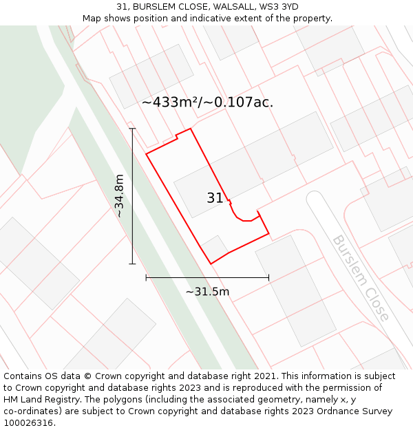 31, BURSLEM CLOSE, WALSALL, WS3 3YD: Plot and title map