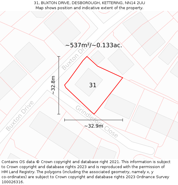31, BUXTON DRIVE, DESBOROUGH, KETTERING, NN14 2UU: Plot and title map