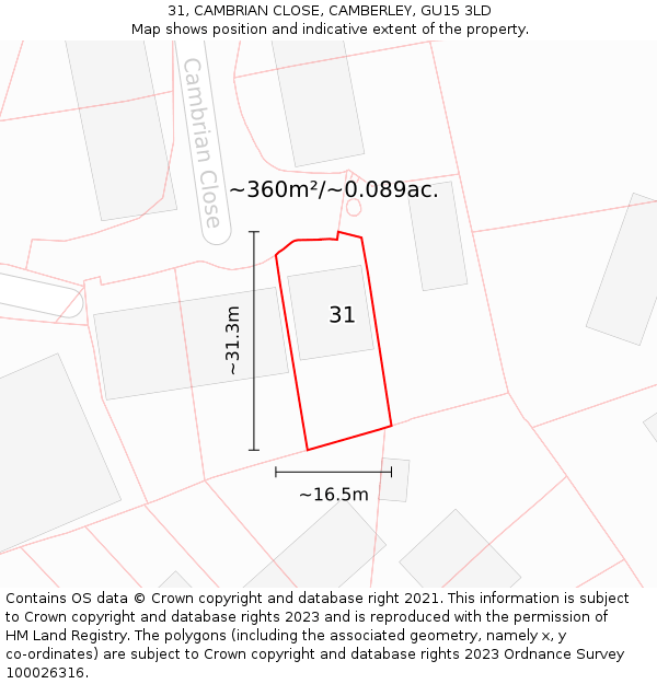 31, CAMBRIAN CLOSE, CAMBERLEY, GU15 3LD: Plot and title map