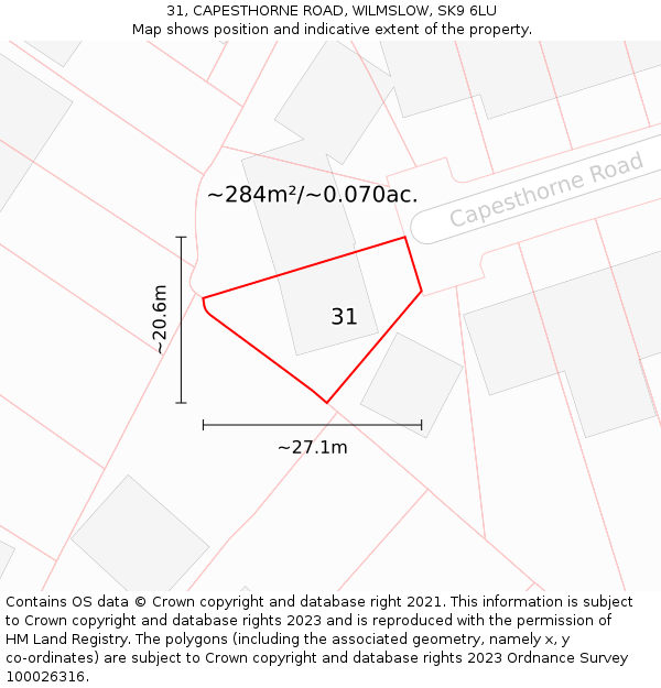 31, CAPESTHORNE ROAD, WILMSLOW, SK9 6LU: Plot and title map