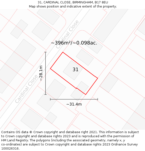 31, CARDINAL CLOSE, BIRMINGHAM, B17 8EU: Plot and title map