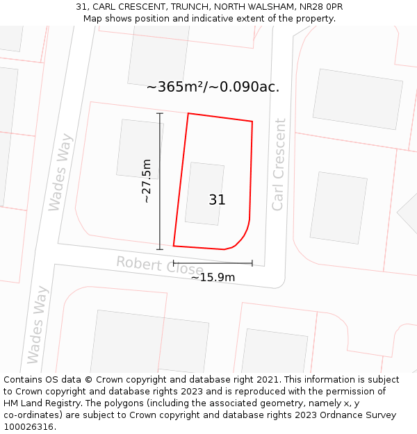 31, CARL CRESCENT, TRUNCH, NORTH WALSHAM, NR28 0PR: Plot and title map