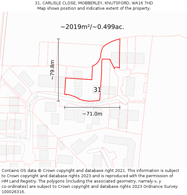 31, CARLISLE CLOSE, MOBBERLEY, KNUTSFORD, WA16 7HD: Plot and title map