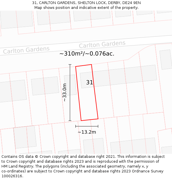 31, CARLTON GARDENS, SHELTON LOCK, DERBY, DE24 9EN: Plot and title map