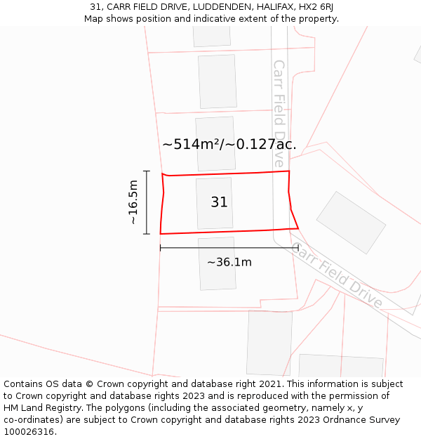 31, CARR FIELD DRIVE, LUDDENDEN, HALIFAX, HX2 6RJ: Plot and title map