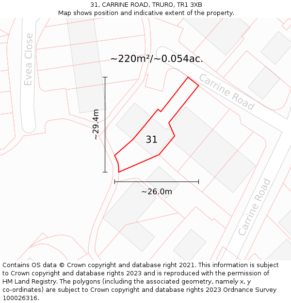 31, CARRINE ROAD, TRURO, TR1 3XB: Plot and title map