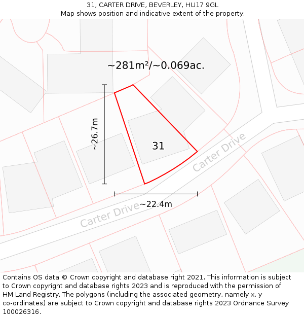 31, CARTER DRIVE, BEVERLEY, HU17 9GL: Plot and title map