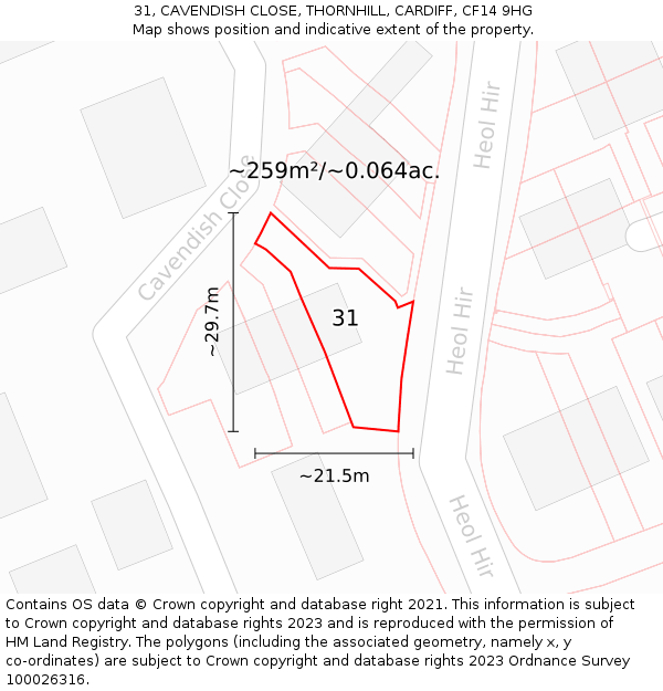 31, CAVENDISH CLOSE, THORNHILL, CARDIFF, CF14 9HG: Plot and title map