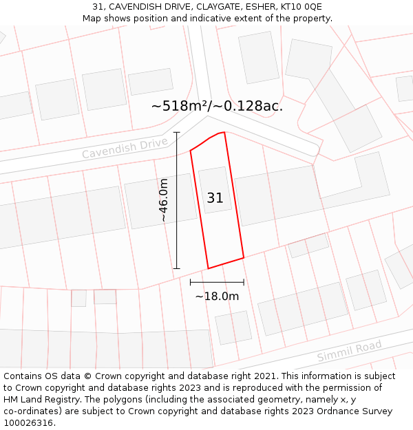 31, CAVENDISH DRIVE, CLAYGATE, ESHER, KT10 0QE: Plot and title map