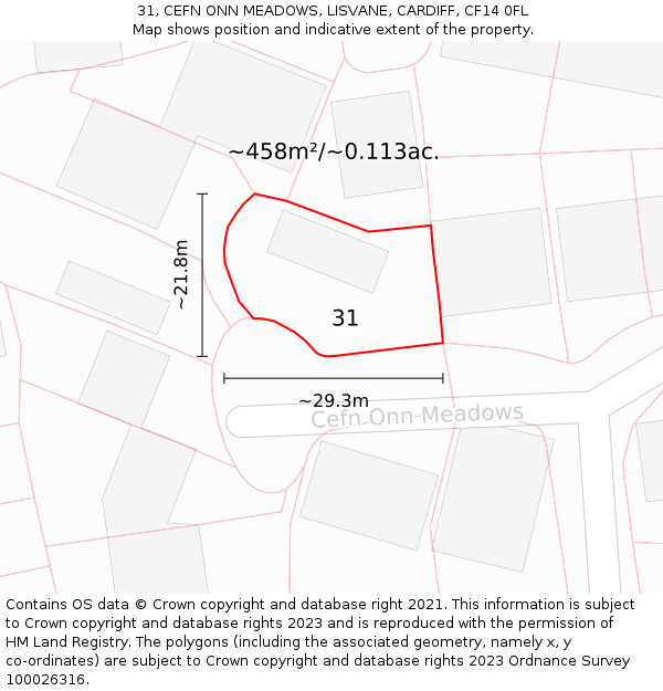 31, CEFN ONN MEADOWS, LISVANE, CARDIFF, CF14 0FL: Plot and title map