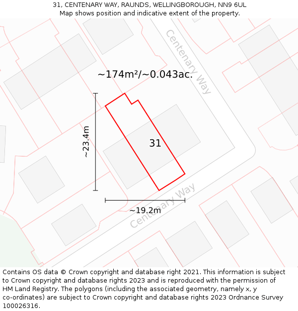 31, CENTENARY WAY, RAUNDS, WELLINGBOROUGH, NN9 6UL: Plot and title map
