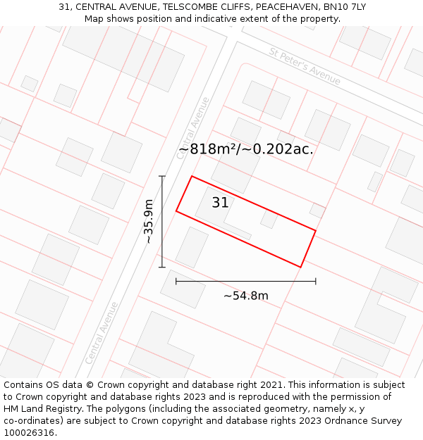 31, CENTRAL AVENUE, TELSCOMBE CLIFFS, PEACEHAVEN, BN10 7LY: Plot and title map