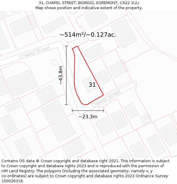 31, CHAPEL STREET, BIGRIGG, EGREMONT, CA22 2UU: Plot and title map