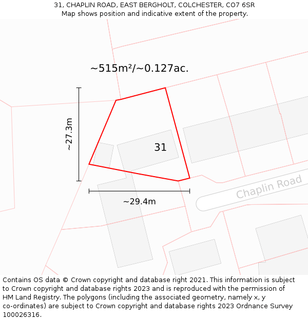 31, CHAPLIN ROAD, EAST BERGHOLT, COLCHESTER, CO7 6SR: Plot and title map