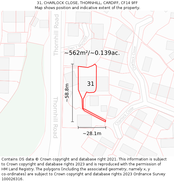 31, CHARLOCK CLOSE, THORNHILL, CARDIFF, CF14 9FF: Plot and title map