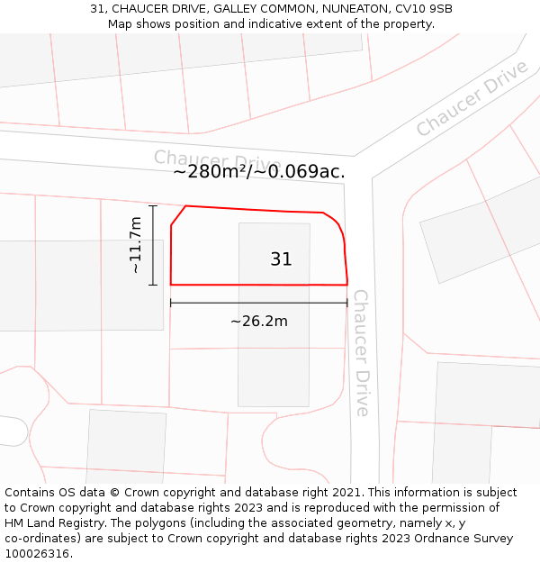 31, CHAUCER DRIVE, GALLEY COMMON, NUNEATON, CV10 9SB: Plot and title map