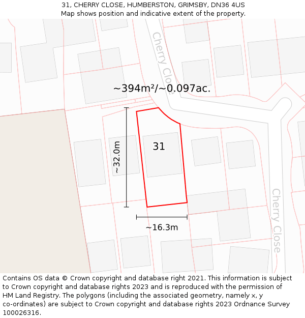 31, CHERRY CLOSE, HUMBERSTON, GRIMSBY, DN36 4US: Plot and title map