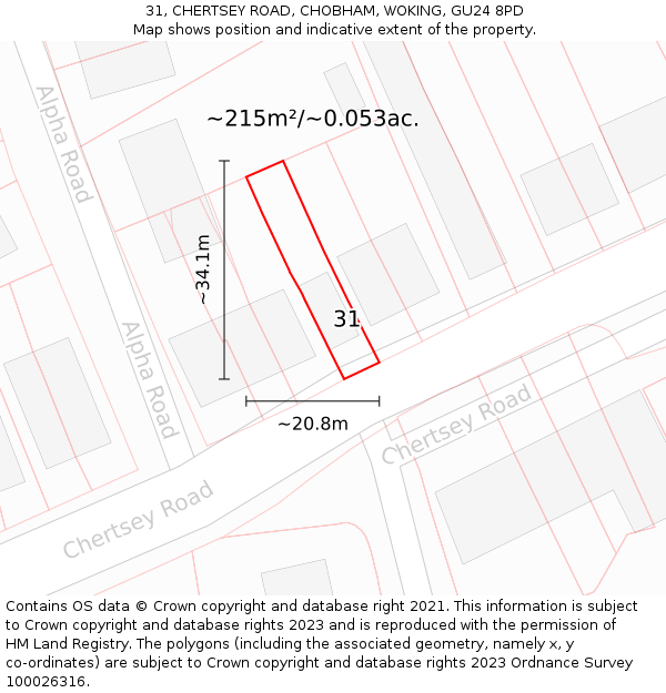 31, CHERTSEY ROAD, CHOBHAM, WOKING, GU24 8PD: Plot and title map