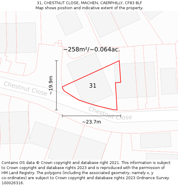 31, CHESTNUT CLOSE, MACHEN, CAERPHILLY, CF83 8LF: Plot and title map