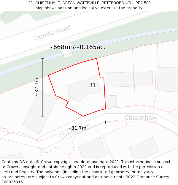 31, CHISENHALE, ORTON WATERVILLE, PETERBOROUGH, PE2 5FP: Plot and title map