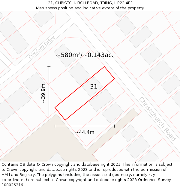 31, CHRISTCHURCH ROAD, TRING, HP23 4EF: Plot and title map