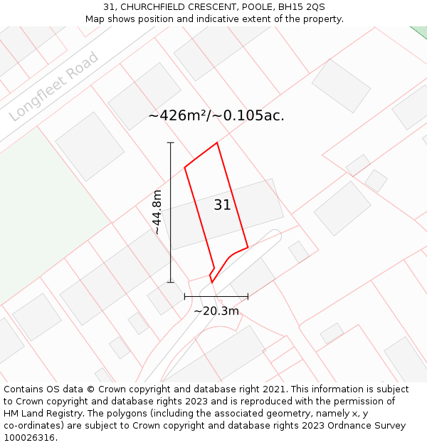 31, CHURCHFIELD CRESCENT, POOLE, BH15 2QS: Plot and title map