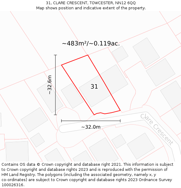 31, CLARE CRESCENT, TOWCESTER, NN12 6QQ: Plot and title map