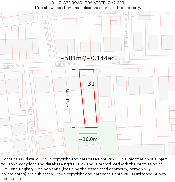 31, CLARE ROAD, BRAINTREE, CM7 2PB: Plot and title map
