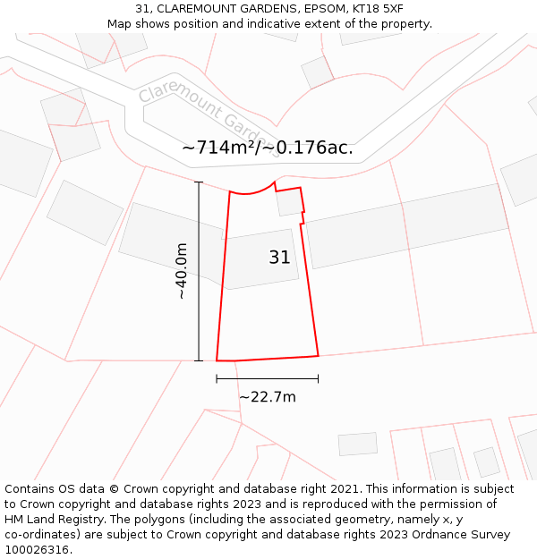 31, CLAREMOUNT GARDENS, EPSOM, KT18 5XF: Plot and title map